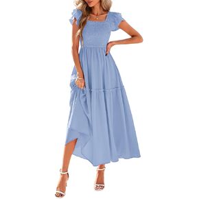 KIRUNDO Womens Summer Wedding Guest Dress 2025 Smocked Ruffle Flutter Short Sleeve Square Neck Flowy Tiered Midi Sundress in Kuwait