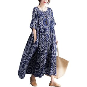 Women Plus Size Dresses Summer Vintage Print O Neck Oversized Boho Vacation Casual Robe with Side Pockets in Saudi Arabia