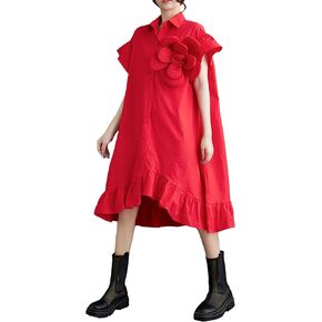 ellazhu Women's Dress Loose Irregular Ruffle Hem Flower Button Down V-Neck Short Sleeve Shirt GZ210 in Saudi Arabia
