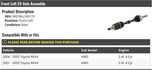 Front Left Driver Side CV Axle Assembly - Compatible with 2001-2005 Toyota RAV4 AWD 4-Cylinder in Saudi Arabia