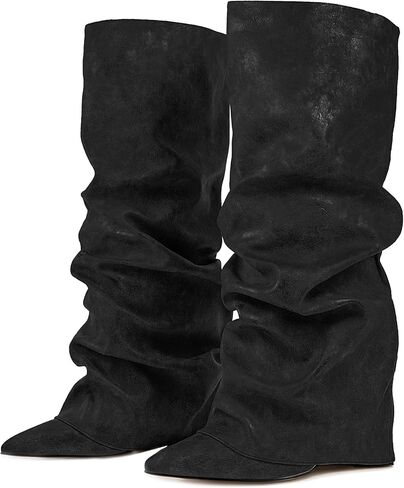 Fold Over Boots Slouch Block Heels Dressy Knee Boots in Saudi Arabia