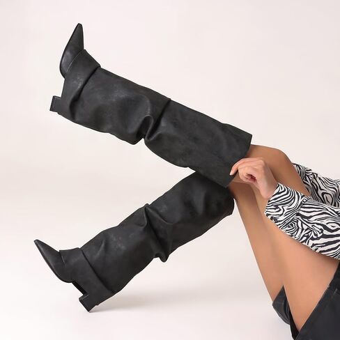 Fold Over Boots Slouch Block Heels Dressy Knee Boots in Saudi Arabia