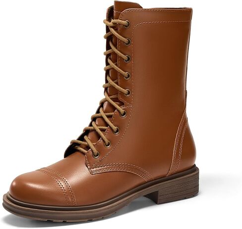 Coutgo Womens Mid Calf Combat Boots Low Heel Lace Up Round Toe Boots Fall Boots With Side Slyber in Saudi Arabia