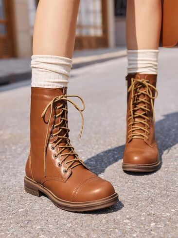 Coutgo Womens Mid Calf Combat Boots Low Heel Lace Up Round Toe Boots Fall Boots With Side Slyber in Saudi Arabia