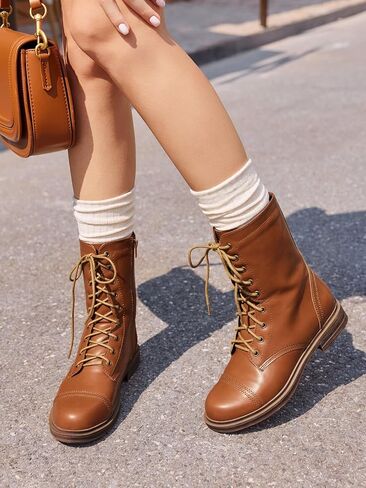 Coutgo Womens Mid Calf Combat Boots Low Heel Lace Up Round Toe Boots Fall Boots With Side Slyber in Saudi Arabia