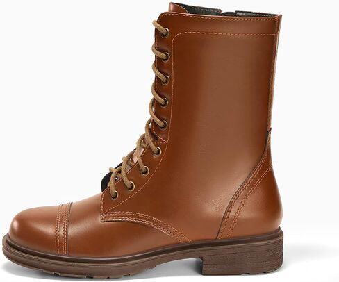 Coutgo Womens Mid Calf Combat Boots Low Heel Lace Up Round Toe Boots Fall Boots With Side Slyber in Saudi Arabia