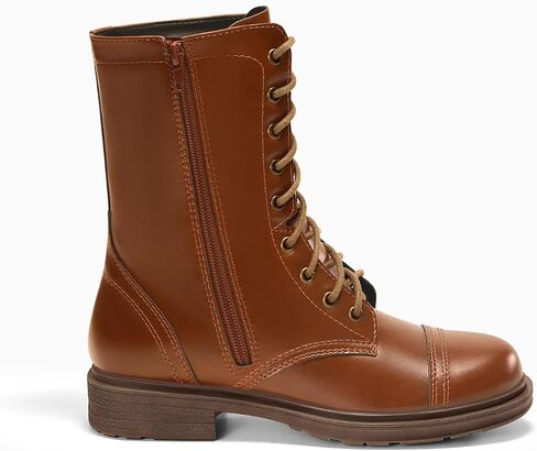 Coutgo Womens Mid Calf Combat Boots Low Heel Lace Up Round Toe Boots Fall Boots With Side Slyber in Saudi Arabia