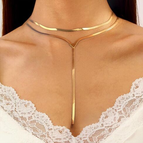 Gold Long Snake Chain Choker Y Necklaces Statement for Women, Dainty Silver Layered Triangle Necklace Party Prom Jewelry Gifts Y2K Costume Accessories in Saudi Arabia