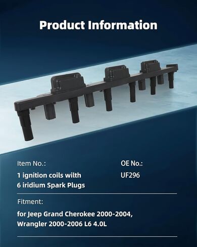 ECCPP 1 ignition coils with 6 iridium Spark Plugs,UF296,coils packs,for Jeep Grand,for Cherokee 2000-2004,for Wrangler 2000-2006 L6 4.0L,UF296 5C1181,C1263 in Saudi Arabia