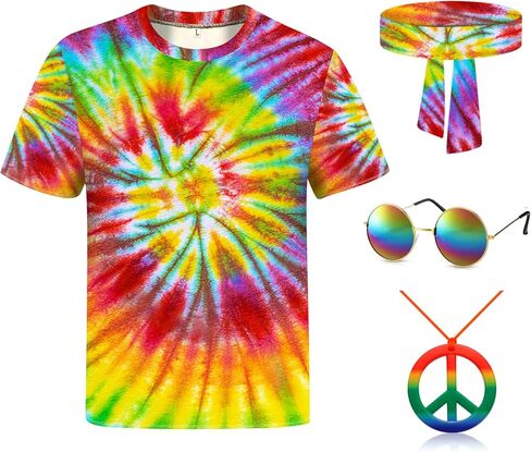 Hippie Costume for Men Women 4PCS Mens 60s 70s Outfit Set Colorful Hippie Shirt Sunglasses Headband Peace Necklace in Kuwait