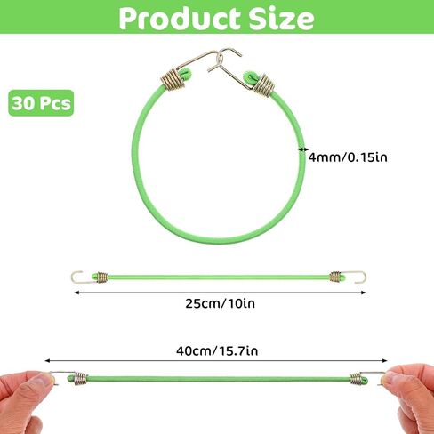 30 Pack Small Bungee Cords with Hooks, 10 Inch Mini Adjustable Stretchy Heavy Duty Short Elastic Bungee Cord for Camping, Tarps, Tents and Boats(Green) in Kuwait