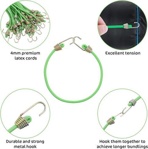 30 Pack Small Bungee Cords with Hooks, 10 Inch Mini Adjustable Stretchy Heavy Duty Short Elastic Bungee Cord for Camping, Tarps, Tents and Boats(Green) in Kuwait