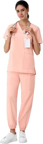 Scrubs for Women Set, V-Neck Scrubs Top & Jogger Pants Medical Scrubs Set with 8 Pockets, Yoga Waistband in Saudi Arabia