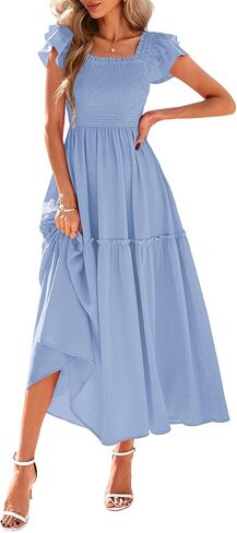 KIRUNDO Womens Summer Wedding Guest Dress 2025 Smocked Ruffle Flutter Short Sleeve Square Neck Flowy Tiered Midi Sundress in Kuwait