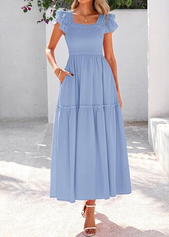 KIRUNDO Womens Summer Wedding Guest Dress 2025 Smocked Ruffle Flutter Short Sleeve Square Neck Flowy Tiered Midi Sundress in Kuwait