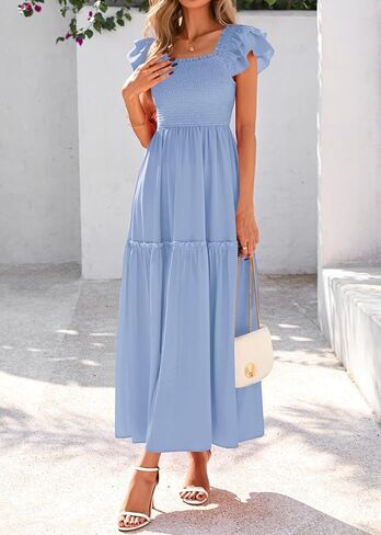 KIRUNDO Womens Summer Wedding Guest Dress 2025 Smocked Ruffle Flutter Short Sleeve Square Neck Flowy Tiered Midi Sundress in Kuwait