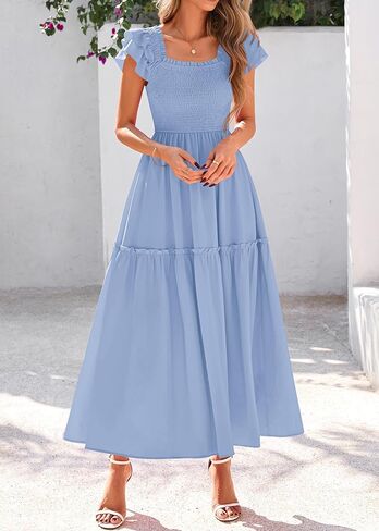 KIRUNDO Womens Summer Wedding Guest Dress 2025 Smocked Ruffle Flutter Short Sleeve Square Neck Flowy Tiered Midi Sundress in Kuwait