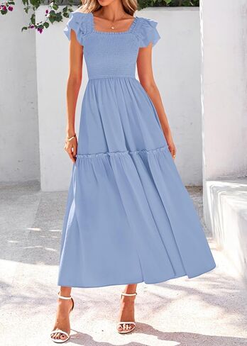 KIRUNDO Womens Summer Wedding Guest Dress 2025 Smocked Ruffle Flutter Short Sleeve Square Neck Flowy Tiered Midi Sundress in Kuwait