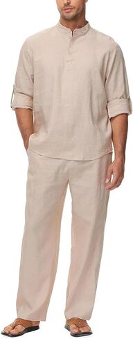Lamgool Men’s Linen Set 2 Pieces Long Sleeve Button Henley Shirts Casual Drawstring Pants Summer Beach Yoga Outfits in Kuwait