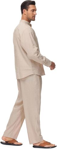 Lamgool Men’s Linen Set 2 Pieces Long Sleeve Button Henley Shirts Casual Drawstring Pants Summer Beach Yoga Outfits in Kuwait