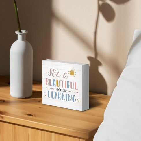 Boho Classroom Wood Box Sign Desk Decor 5x5, Inspirational Kids Learning Wooden Block Sign Decorations for Home Classroom Playroom Nursery Reading Nook Reading Room Wall Tabletop Shelf in Kuwait