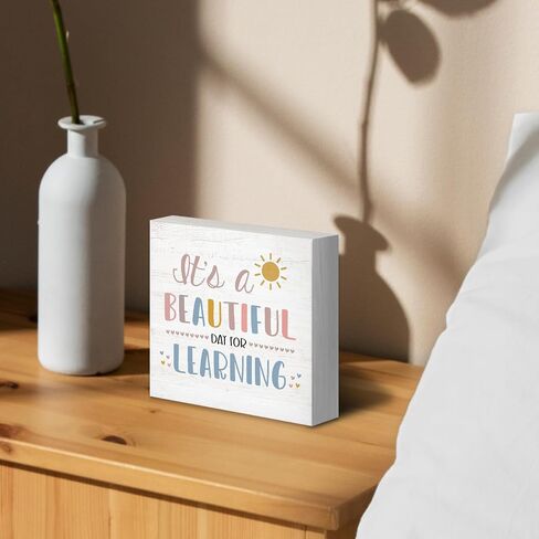 Boho Classroom Wood Box Sign Desk Decor 5x5, Inspirational Kids Learning Wooden Block Sign Decorations for Home Classroom Playroom Nursery Reading Nook Reading Room Wall Tabletop Shelf in Kuwait