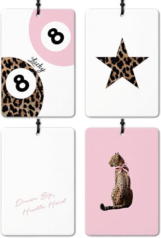 Preppy Pink Leopard Car Air Freshener 4 Pcs, Trendy Retro Lucky 8 Ball Cheetah Ace Card Lips Hanging Air Freshener for Cars Closet Drawer Books, Girly Car Accessories Mirror Decor for Women in Saudi Arabia