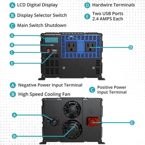 1000W Power Inverter DC 12V to 120V AC Car Inverter Power Converter with Dual 120 Volt AC Outlets. Easy to Install, Automotive Back Up Power Supply for Televisions, Blenders, Power Tools in Kuwait