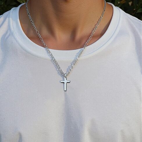 Figaro Chain for Men - 18K Whited Gold/Gold/Black Plated Figaro Chain Cross Necklace for Men, Stainless Steel Cross Pendant Necklace Figaro Chain Cross Necklace for Men 4mm-5mm 18-24 Inch in Saudi Arabia