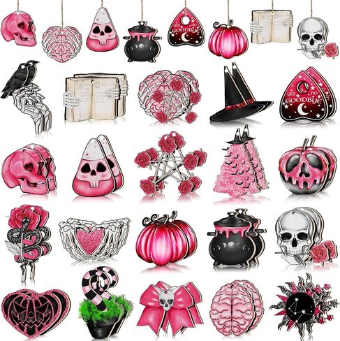 Maitys 40 Pcs Halloween Ornaments for Tree Green Black Halloween Wooden Decorations Gothic Tarot Card Skeleton Snake Cat Wood Party Cutouts with Rope for Home Craft Gift in Saudi Arabia