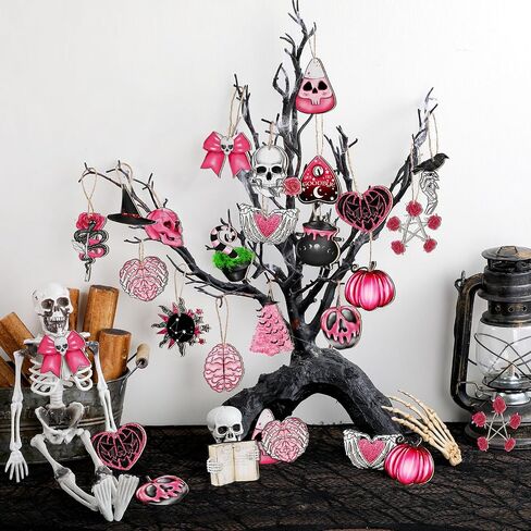 Maitys 40 Pcs Halloween Ornaments for Tree Green Black Halloween Wooden Decorations Gothic Tarot Card Skeleton Snake Cat Wood Party Cutouts with Rope for Home Craft Gift in Saudi Arabia