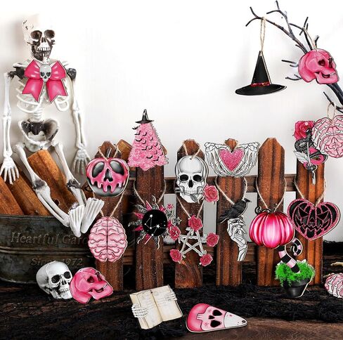 Maitys 40 Pcs Halloween Ornaments for Tree Green Black Halloween Wooden Decorations Gothic Tarot Card Skeleton Snake Cat Wood Party Cutouts with Rope for Home Craft Gift in Saudi Arabia