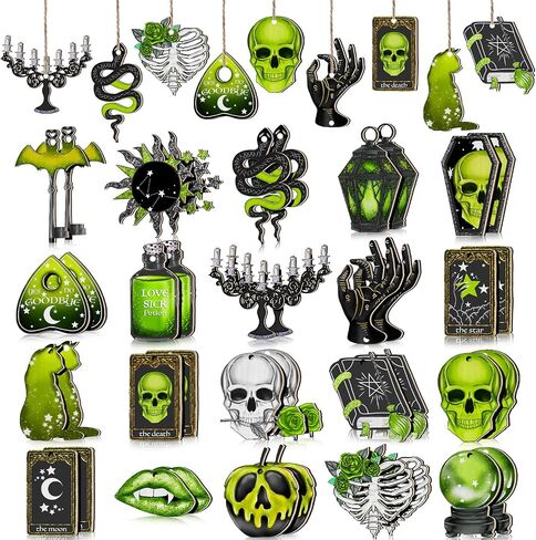Maitys 40 Pcs Halloween Ornaments for Tree Green Black Halloween Wooden Decorations Gothic Tarot Card Skeleton Snake Cat Wood Party Cutouts with Rope for Home Craft Gift in Saudi Arabia