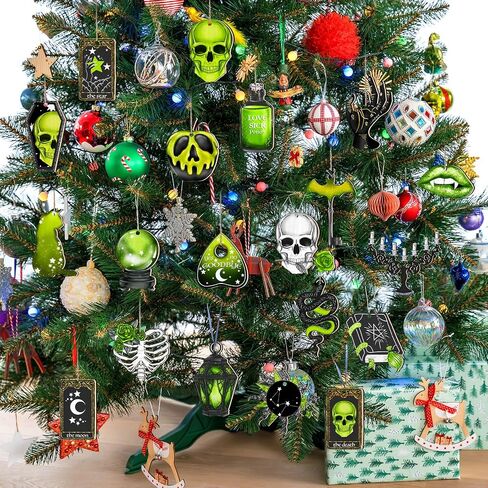 Maitys 40 Pcs Halloween Ornaments for Tree Green Black Halloween Wooden Decorations Gothic Tarot Card Skeleton Snake Cat Wood Party Cutouts with Rope for Home Craft Gift in Saudi Arabia