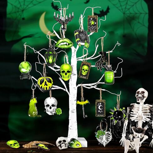 Maitys 40 Pcs Halloween Ornaments for Tree Green Black Halloween Wooden Decorations Gothic Tarot Card Skeleton Snake Cat Wood Party Cutouts with Rope for Home Craft Gift in Saudi Arabia