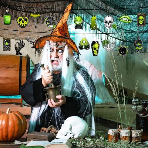 Maitys 40 Pcs Halloween Ornaments for Tree Green Black Halloween Wooden Decorations Gothic Tarot Card Skeleton Snake Cat Wood Party Cutouts with Rope for Home Craft Gift in Saudi Arabia