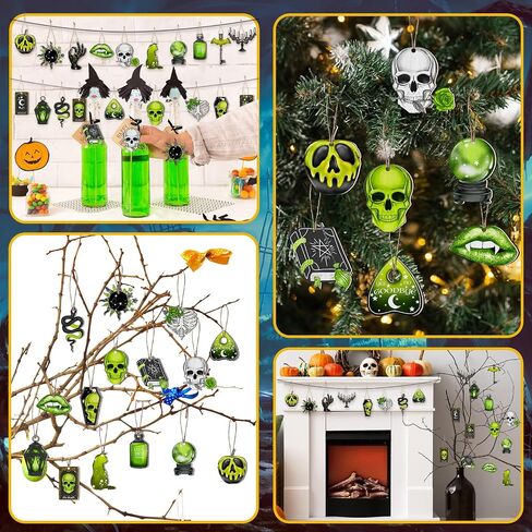Maitys 40 Pcs Halloween Ornaments for Tree Green Black Halloween Wooden Decorations Gothic Tarot Card Skeleton Snake Cat Wood Party Cutouts with Rope for Home Craft Gift in Saudi Arabia