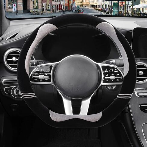 Furry Cute D Shaped Steering Wheel Cover, Soft Fluffy Short Plush Auto Accessories, Non-Slip Cold-Proof Sweat-Proof Colorfast, Universal 15 inch(Black with Red) in Saudi Arabia