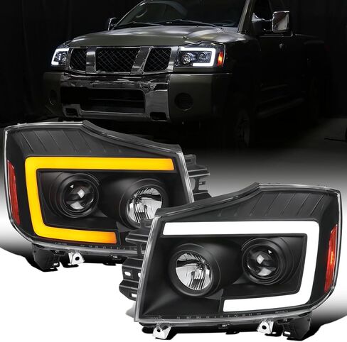 Ronnin - Fits 2004-2015 Nissan Armada Titan Upgraded Replacement Projector Headlights LED Switchback Sequential Turn Signals Assembly Pair | Black in Kuwait