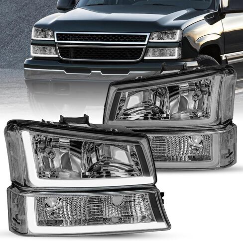 JSBOYAT Fit for 2003-2006 Chevy Silverado Headlight Assembly 4pcs w/LED DRL 03-06 Avalanche w/Bumper Lights OE Style Replacement Chrome Housing with Clear Reflector in Saudi Arabia