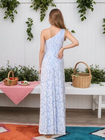 One Shoulder Bridesmaid Dresses with Slit Long Formal Dress for Women Jacquard Floral Evening Gown in Saudi Arabia