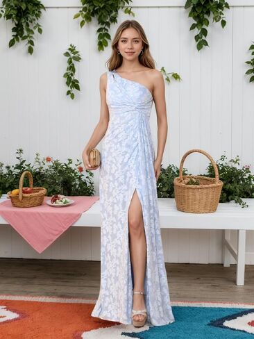 One Shoulder Bridesmaid Dresses with Slit Long Formal Dress for Women Jacquard Floral Evening Gown in Saudi Arabia