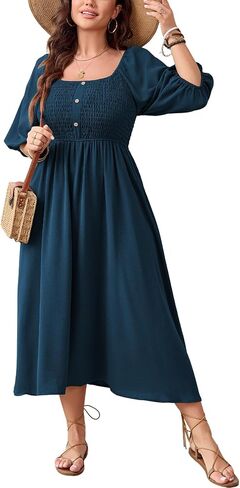 Women's Plus Size Casual Dresses Square Neck Button Up Smocked 3/4 Puff Sleeve Empire Wasit A-line Flowy Midi Dress in Saudi Arabia