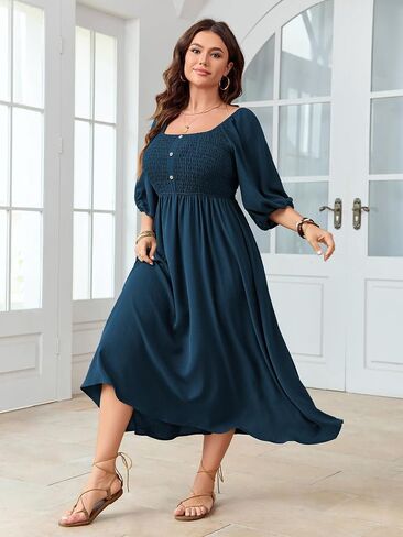 Women's Plus Size Casual Dresses Square Neck Button Up Smocked 3/4 Puff Sleeve Empire Wasit A-line Flowy Midi Dress in Saudi Arabia
