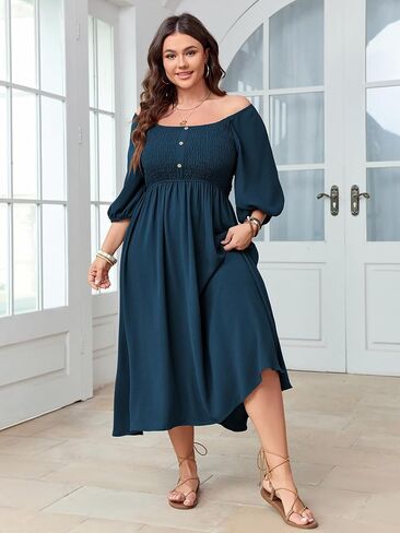 Women's Plus Size Casual Dresses Square Neck Button Up Smocked 3/4 Puff Sleeve Empire Wasit A-line Flowy Midi Dress in Saudi Arabia