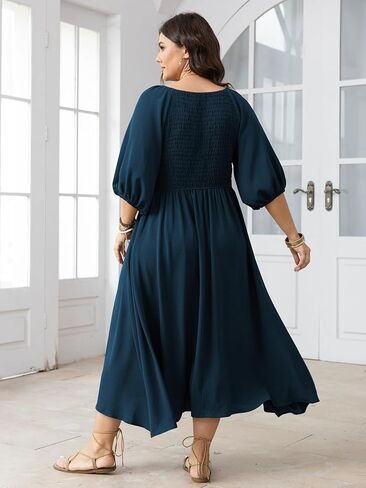 Women's Plus Size Casual Dresses Square Neck Button Up Smocked 3/4 Puff Sleeve Empire Wasit A-line Flowy Midi Dress in Saudi Arabia