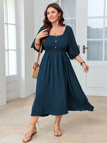 Women's Plus Size Casual Dresses Square Neck Button Up Smocked 3/4 Puff Sleeve Empire Wasit A-line Flowy Midi Dress in Saudi Arabia