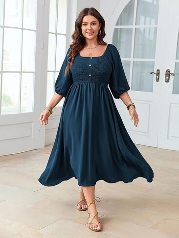 Women's Plus Size Casual Dresses Square Neck Button Up Smocked 3/4 Puff Sleeve Empire Wasit A-line Flowy Midi Dress in Saudi Arabia
