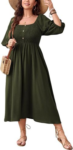 Women's Plus Size Casual Dresses Square Neck Button Up Smocked 3/4 Puff Sleeve Empire Wasit A-line Flowy Midi Dress in Saudi Arabia