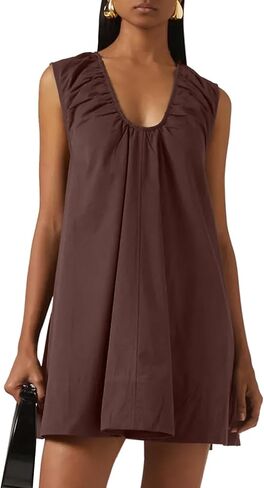 Women's Sleeveless Babydoll Tank Mini Dress U-Neck Ruched Short Dresses with Pockets Club Dress in Saudi Arabia